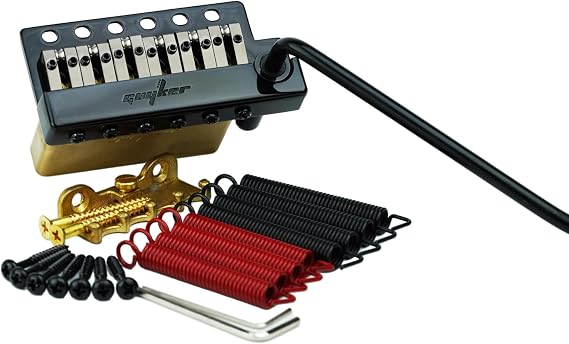 Guyker Guitar Tremolo Bridge String Spacing 10.5MM with Brass Roller Saddle and Brass Block & Spring and Claw, Pop-In Vibrato Bar, Complete Install Kit, GG1009AB-T Black