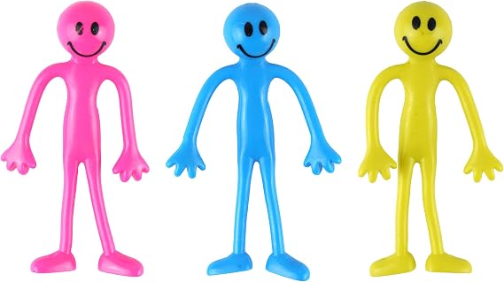 3 x Bendable Figures - Character Smilers, Flexible Bendyman Fiddle Toys, Party Favours, Sensory Toys, Happy Bendy Men, Yellow, Blue and Pink, Stress Relief Toy