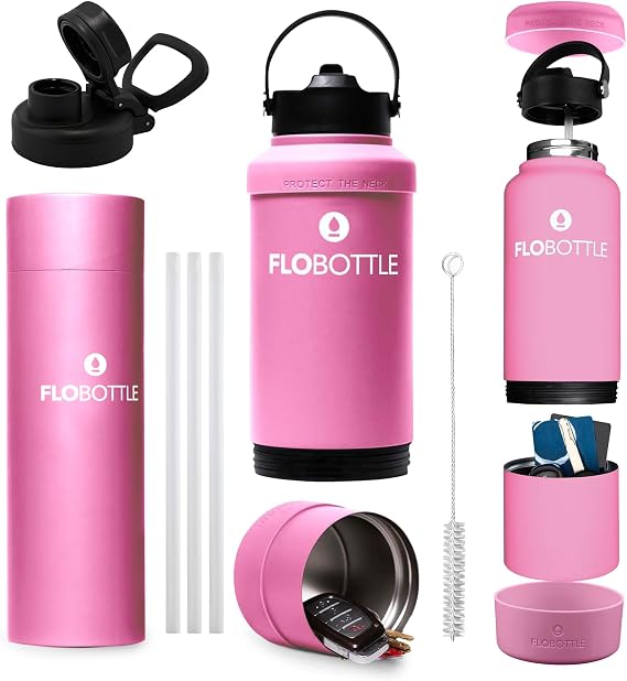 28 oz Water Bottle With Storage Bundle Pack | Chugger With Articulating Lid & Soft Handle + 3 Pack Staw & Cleaner + EZ Grip Flexible Boot + EZ Grip Flexible Protective Neck (Blissful Pink)