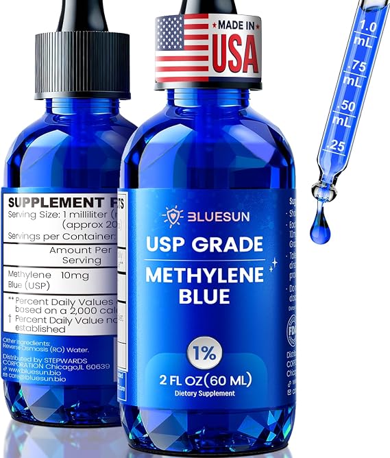 Bluesun Methylene Blue Drops 1% Pharmaceutical Grade - Made in USA, Formaldehyde-Free, Third-Party Tested, USP Purity 99.99%, GMO-Free, Alcohol-Free - 2 Fl Oz (60mL) in Amber Glass, 10mg/mL
