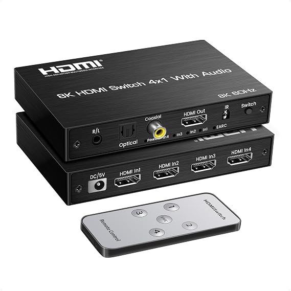 8K@60Hz 4X1 HDMI Switch with eARCARC Audio Extractor, Optical, Coaxial & LR Out, HDMI Switcher Support SPDIF 5.1Ch, 48Gbps, HDCP2.3, HDR, 4 In1 Out HDMI 2.1 Switch with ARC Audio Out for PS45, Xbox