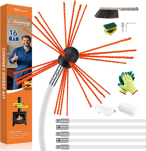 Bluesea 16FT Ergonomic Chimney Sweep Kit, Strong Brush & 5 Flexible Rods