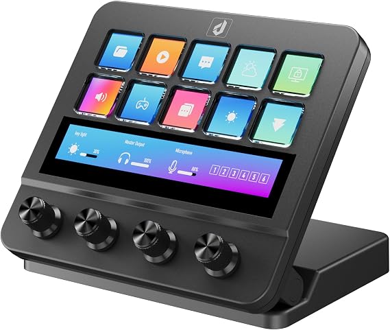 Stream Control Deck 10 Programmable Macro Keyboard 4 Knob Stream Controller 0-60 Adjustable LCD Macro Pad Wired Shortcut Keyboard for Streamers/Content Creators/Office Compatible with Windows /macOS