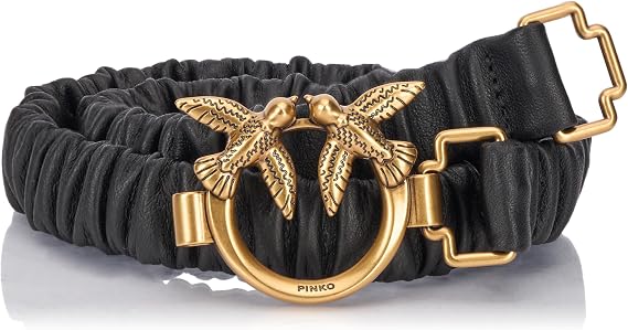 Pinko Women's Ondina Ruffle H2 Calfskin Nappa Leather Belt Z99q_Black-Antique Gold XS