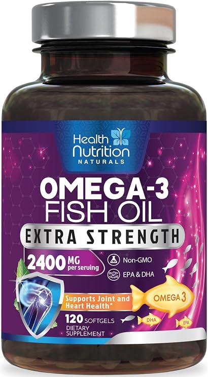 Omega 3 Fish Oil Supplements - 2400mg Fish Oil Per Serving - Triple Strength Omega-3 with EPA & DHA Fatty Acids - Natural Heart, Brain & Immune Support - Wild Caught, Bottled in USA - 120 Softgels