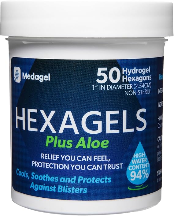 Medagel Hexagels Plus Aloe Vera - Advanced Healing Hydrogel Pads for Blister Prevention & Soothing Burn Care - Foot, Heel, Toe, Ankle Protection, Pack of 50, 1-Inch Patches, Original Formula