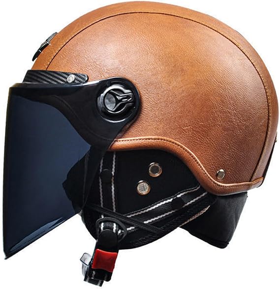 Synthetic Leather helmet, Retro Helmets, 3/4 Men Vintage Helmet with Visors, Four Seasons Fashion DOT/ECE Approved Motorbike Half Helmet B-3,54-62cm