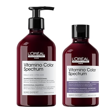 L'Oreal Professionnel Vitamino Color Spectrum Shampoo & Purple Shampoo Set - Neutralizes Yellow Tones, Enhances Shine & Vibrancy, Maintains Day 1 Hair Color, Hydrates & Strengthens Blonde Hair