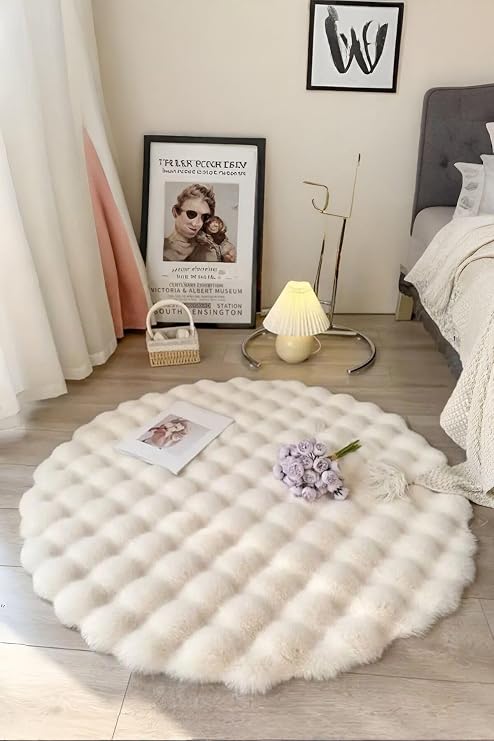 Bubble Yuvarlak Krem Uzun Tüylü Yumuşak Peluş Kaymaz Yıkanabilir Salon Oturma Odası Balkon Halı 60 x 60