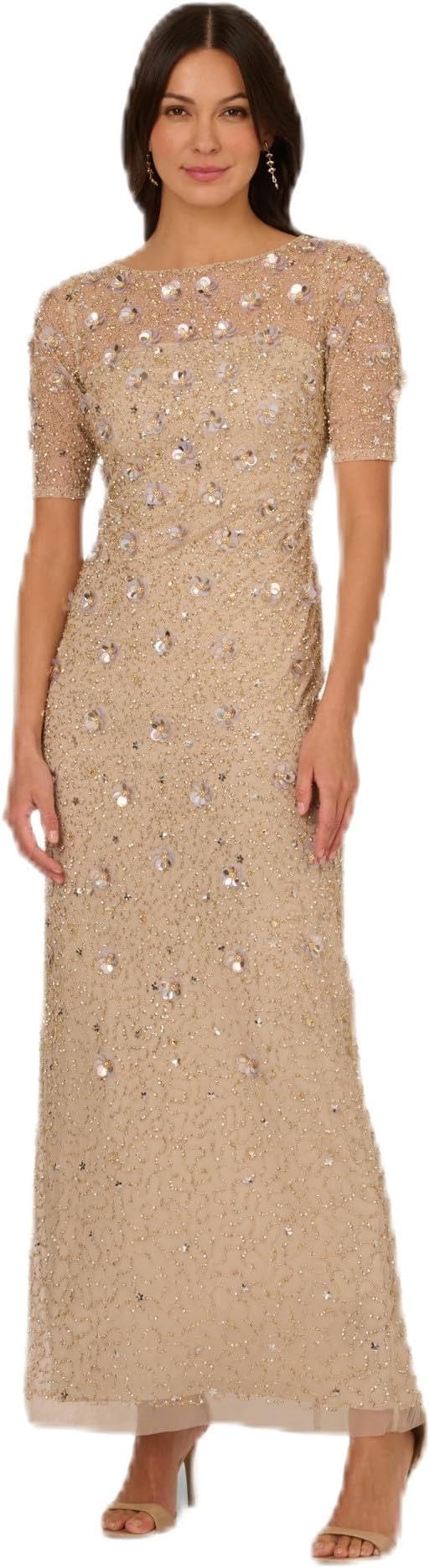 Adrianna Papell Beaded Long 3D Floral Dress