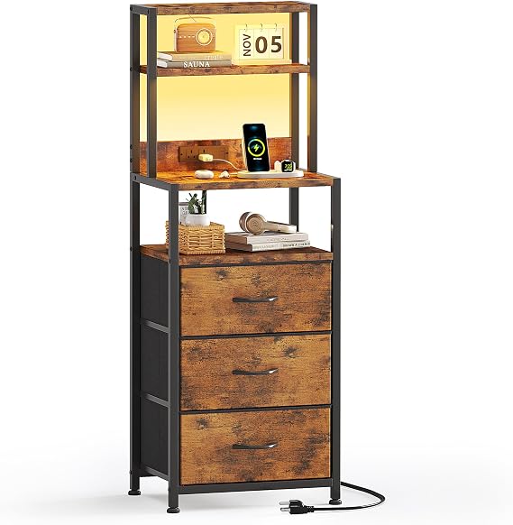 VERMESS Bedside Table with Charging Station and LED Light, Rustic Brown
