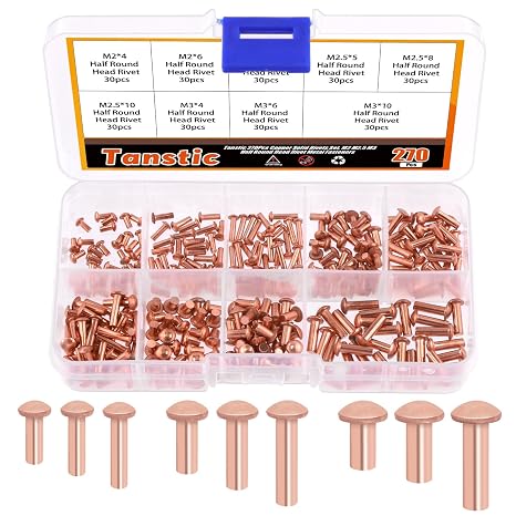 Tanstic 270Pcs Round Head Copper Solid Rivets, M2x4/6/8, M2.5x5/8/10, M3x4/6/10 Solid Copper Rivets Fasteners for Electrical Applications Copper Finish Copper Tone