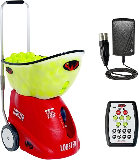 LOBSTER Sports Elite Tennis Ball Machine - Auto Portable Tennis Ball Launcher, Preloaded & Custom Drills, Spin Control, Lob Elevation Switch, Ball Speed (up to 80MPH), with Multi-Function Remote