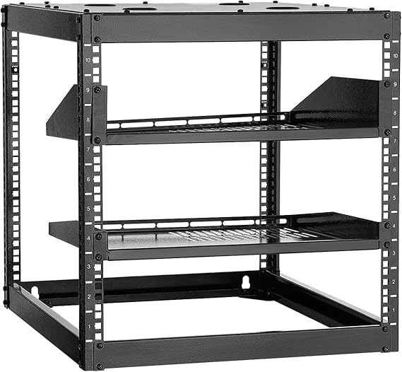 VEVOR 10U Open Network Rack, 585mm Depth, Wall or Floor Server Rack, Heavy Duty 4 Posts, with Ventilated Shelves and Mounting Hardware, for All Network/IT/AV Equipment
