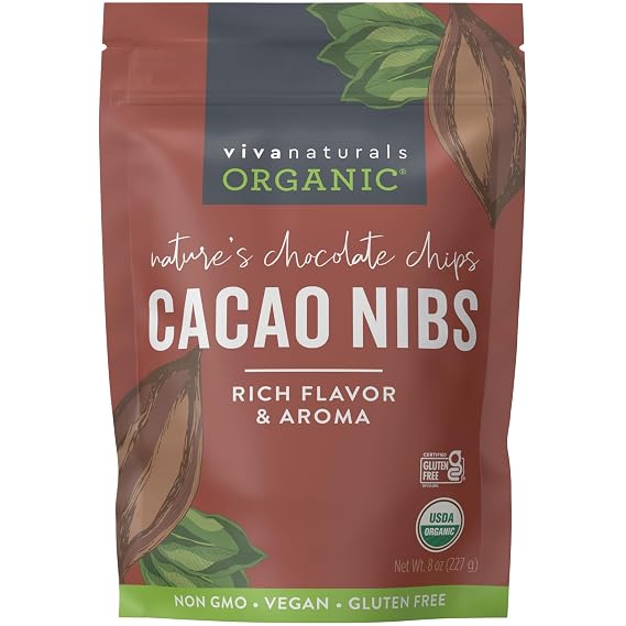 Viva Naturals Organic Cacao Nibs, Unsweetened, 8 oz (227 g), Keto Friendly, Vegan, Non-GMO, Gluten-Free Crunchy Chocolate Chip Substitute