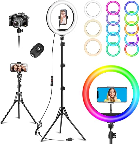 10.3" Selfie Ring Light with Stand and Phone Holder, 73" Tripod 96 RGB Mode