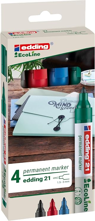edding 21 EcoLine permanent markör, 4'lü set, karışık renkler, yuvarlak uç, yeniden doldurulabilir