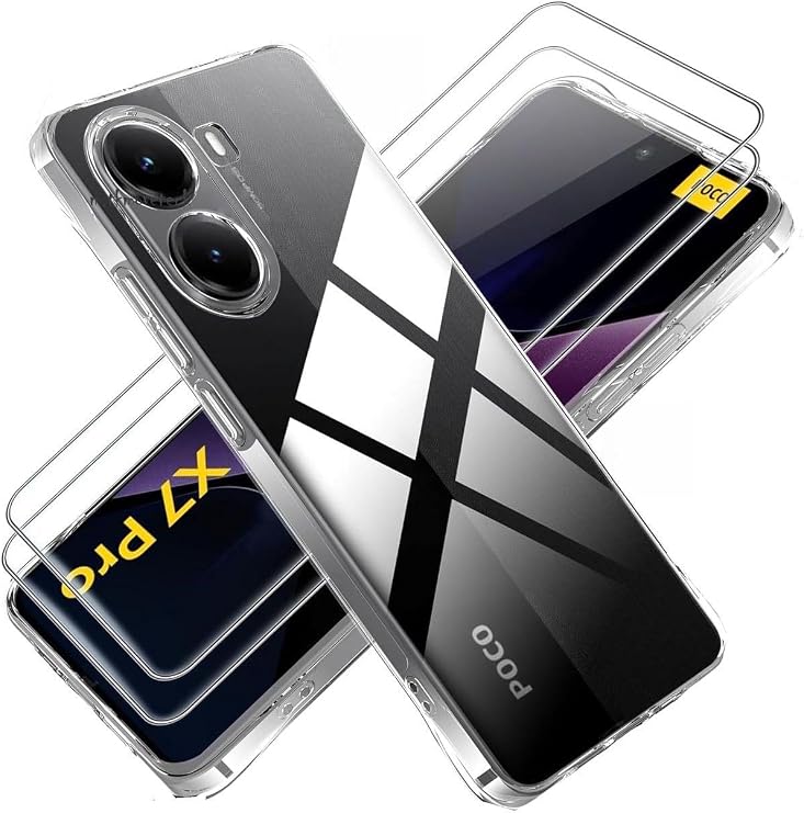 Poco X7 Pro Kılıf Kamera Çıkıntılı Korumalı Yumuşak Şeffaf Silikon + 9H Ekran Koruyucu Cam 2in1 Set