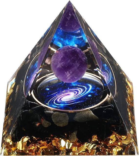 Mokeum Orgone Pyramid for Positive Energy, Amethyst Crystal Sphere Pyramid, Protection Crystals Energy Generator for Stress Reduce Healing Meditation Attract Wealth Luck (Amethyst Galaxy)