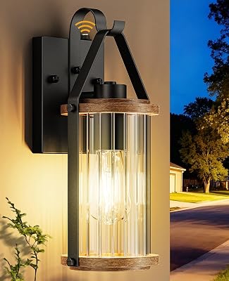 Dusk to Dawn Outdoor Light, Front Porch Light Waterproof Exterior Lighting Fixtures Wood Effect Glass Modern Outside Light for House, Patio, Yard, Garage Black 1 Pack