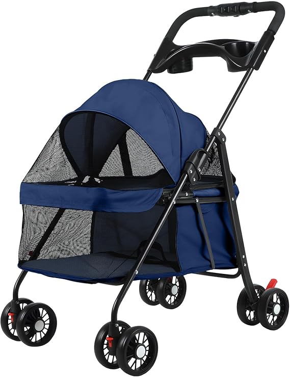 4 Wheels Pet Stroller, Portable Folding Dog Stroller with Cup Holder, Breathable Mesh Pet Cart, Lightweight Strolling Cart for Small Dogs and Cats, 7.5kg Load Capacity Blue