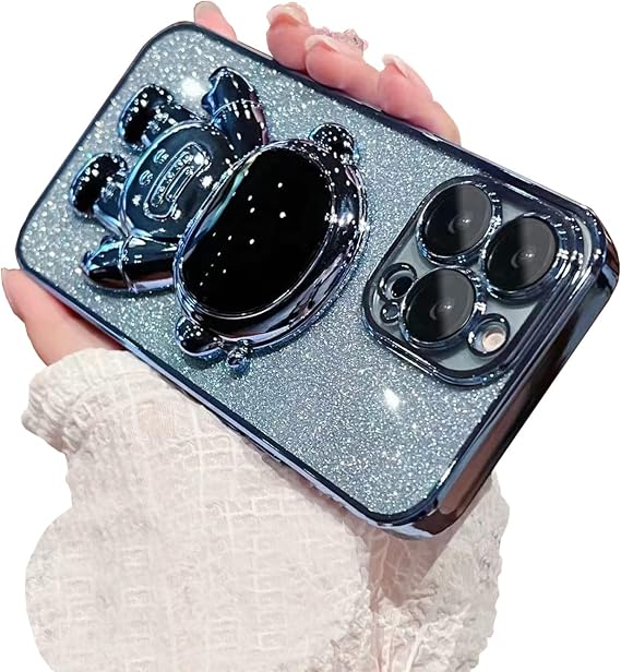 宇宙飛行士 隠しスタンド スマホケース iPhone 13用、かわいい宇宙飛行士 折りたたみ式ブラケット キックスタンド ラグジュアリー グリッター キラキラ 6D 電気メッキ ソフト TPU 保護ケース メンズ レディース ブルー