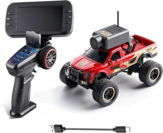WLtoys 1:64 Mini RC Car with HD Camera, 2.4G 4WD FPV Remote Control Off-Road Vehicle with Display Screen, Gyro, LED Lights, APP Controlled Model Vehicle (Red)
