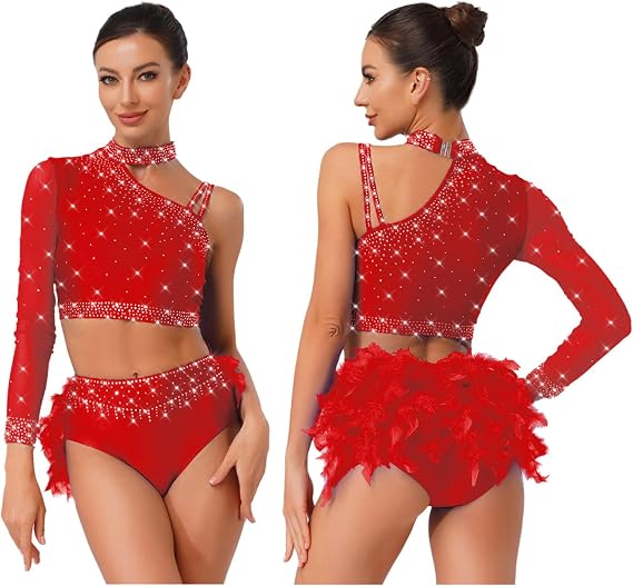 Loyan Women 2 Piece Sparkly Rave Costume Jazz Latin Crop Top with Feather Briefs Lyrical Dance Outfit