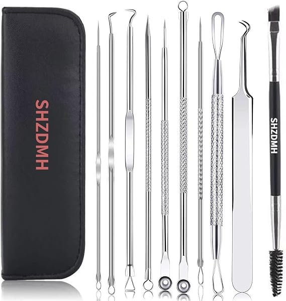 SHZDMH 9PCS Blackhead Remover Comedone Extractor Kit, Pimple Extractor Tool, Loop Curved Tweezers with Free Double-Headed Eyebrow Brush