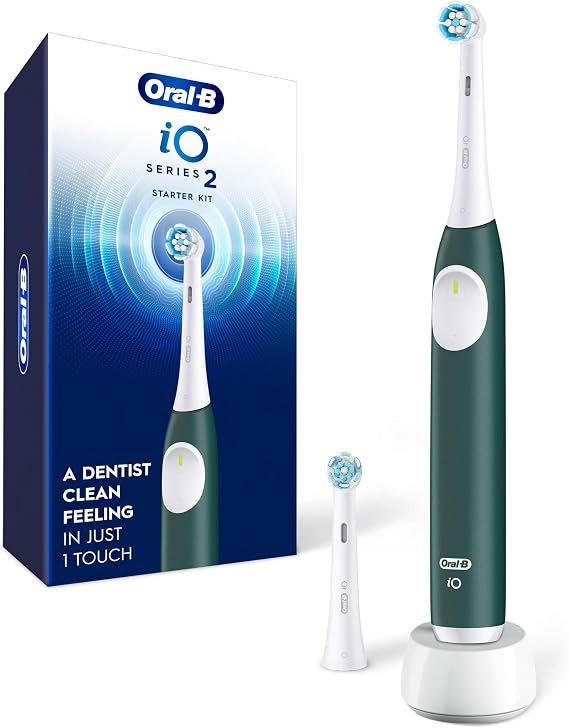 Oral-B Rechargeable Electric Toothbrush, iO2 Starter Kit, 3 Cleaning Modes, Automatic Pressure Sensor to Protect Gums, 2 Brush Heads, Forest Green