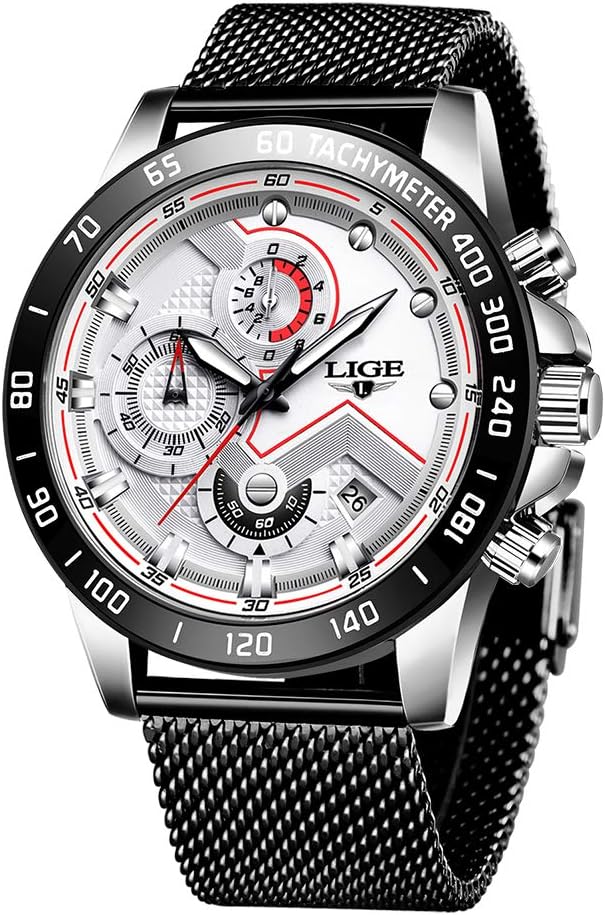 LIGE Mens Watch Stainless Steel Mesh Waterproof Watch Simple Men Analog Quartz Watch Fashion Business Casual Mens Wrist Watch Black, D-White, Bracelet Type