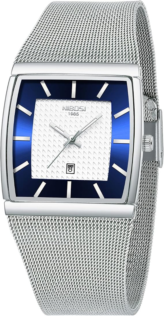 NIBOSI Men's Watch Analog Quartz Black Dial Mens Watch Business Waterproof Military Stainless Steel Gold Dress Watch Auto Date,Silver Blue