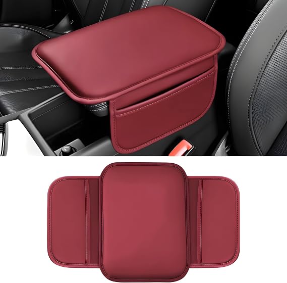 Car Center Console Cover, 11.6"8.3" Leather Car Armrest Cushion Pad with 2 Storage Pockets, Comfortable Arm Rest Box Cover Mat for Most Vehicles, Universal Interior Accessories (Wine Red)