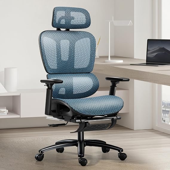 Ergonomic Office Chair, Mesh Home Office Chair with Footrest, High Back Computer Chair with Adjustable Armrest Headrest Height, 90-145 Tilt Function and Headrest Home Office Chair.,Blue