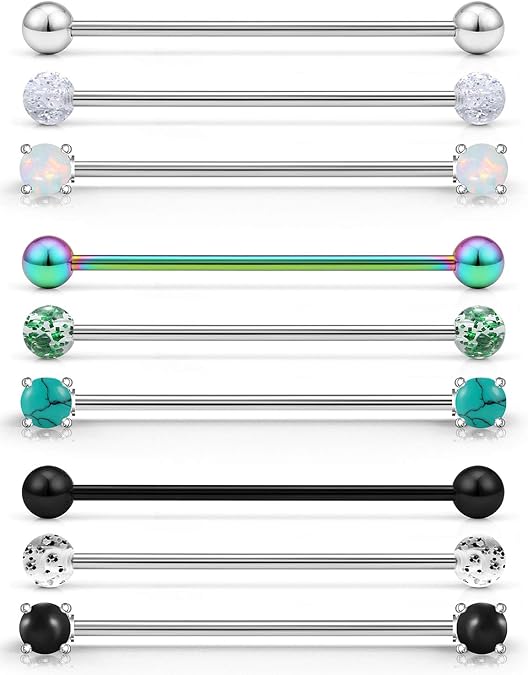 SCERRING Industrial Barbell Piercing Jewelry 14G Stainless Steel Cartilage Helix Conch Earring 1 1/2Inch(38mm) Opal Stone Balls For Women Men 9PCS