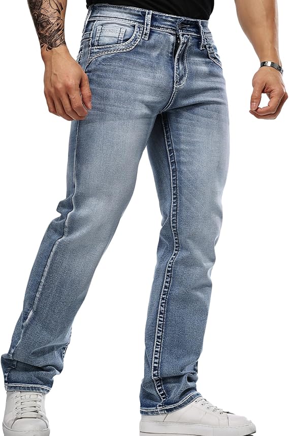 Men's Jeans Classic Fit Stretch Jeans with Embroidery