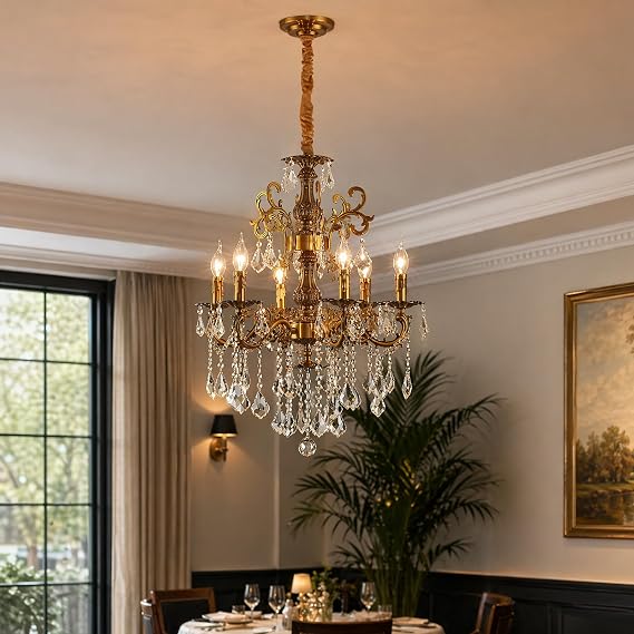Vintage 6 Arms Crystal Chandelier Candle Light Fixture for Dining Room Living Room Bedroom Hallway Entryway Antique Gold Finish (23"-6 Lights)
