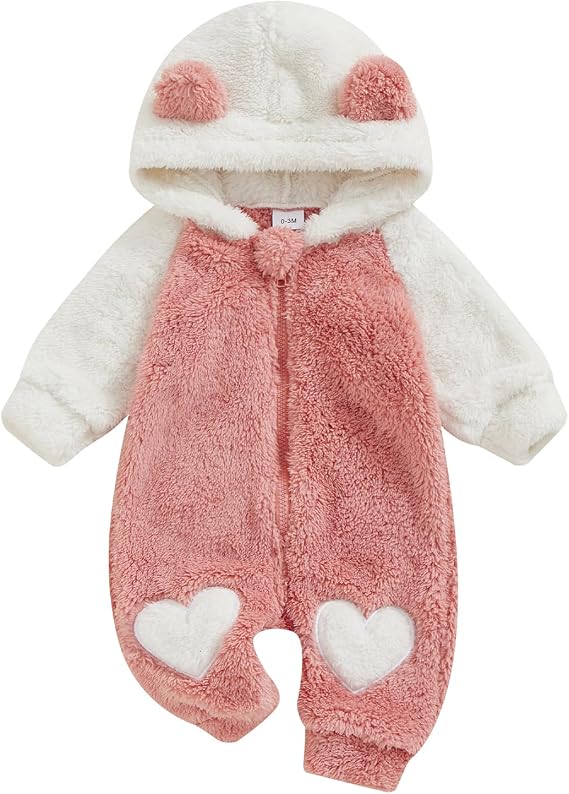 Newborn Baby Boy Girl Hooded Fleece Lined Romper Animal Bear Long Sleeves Hood Zipper Closure Infant One Piece Jumpsuit