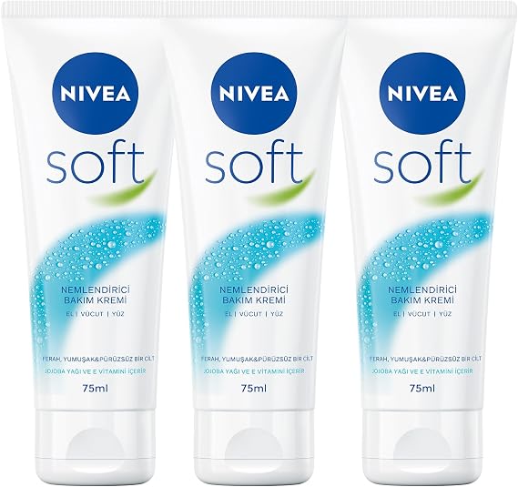 NIVEA Soft Nemlendirici Bakım Kremi 75ml, Jojoba Yağı, E Vitamini, Yüz Vücut El, Yumuşak Cilt, X3 Adet,Avantajlı Set