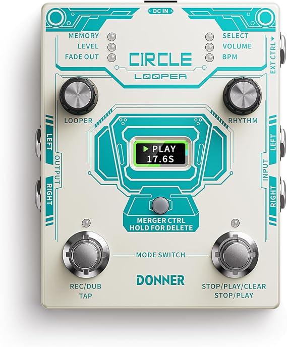 Donner Circle Looper Pedal Drum Machine, 2 in 1 Drum Looper Stereo Guitar Loop Pedals, 40 Slots 160 mins Loop with 110 Drum Grooves, Tap Tempo, Fade Out