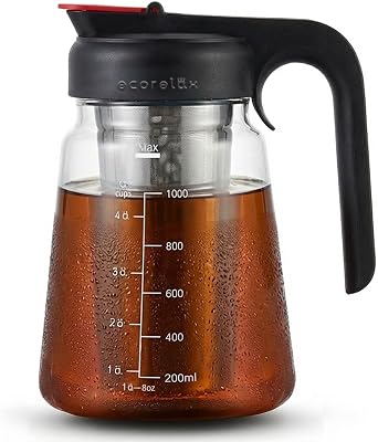 ECORELAX Cold Brew Coffee Maker,High Transparency Borosilicate Glass Container with Stainless Steel Filter, Iced Tea Pitcher with Lid,Modern Style, Ergonomic Handle,Spill-proof Lid Black, 1L32oz