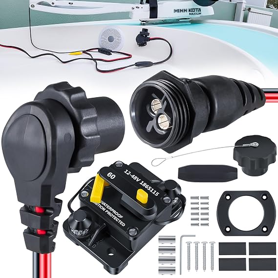 1865120 MKR-28 Trolling Motor Plug and Receptacle & 1865115 MKR-27 Circuit Breaker 60 AMP For Minn Kota Freshwater and Saltwater Marine Boat Battery Accessory Heavy Duty 8AWG Rated To 60A Up To 48V