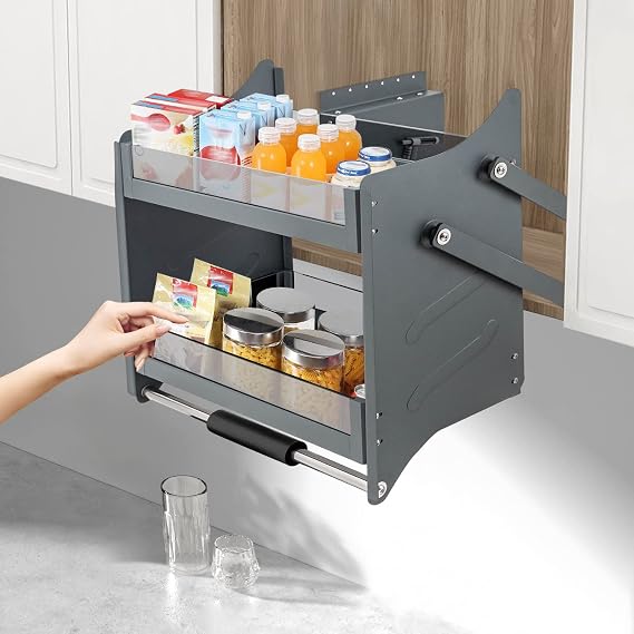 2-Tier Pull Down Shelf Upper Kitchen Wall Cabinet Pull-Out Cabinet Shelf Drop Down Pull-Down Lift for Kitchen Wall Cabinet Storage Organizer 24 Inch Heavy Duty Pull-Out Cabinet Shelf
