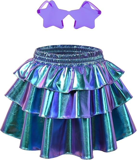 Perfashion Girls' Sparkle Metallic Skirts Layers Ruffle Sequin Tutu Dance Skirt with Sunglasses for Kids 6-15 Years