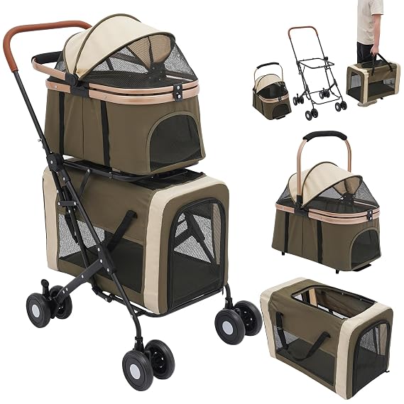 2-Tier Pet Stroller for 2 Dogs/Cats, 77lbs Capacity, Foldable Double Carrier, 300D Oxford, Steel Frame, Breathable Mesh, 360 Wheels, Storage Bag, Dark Green, Multifunction Travel (Military Green)