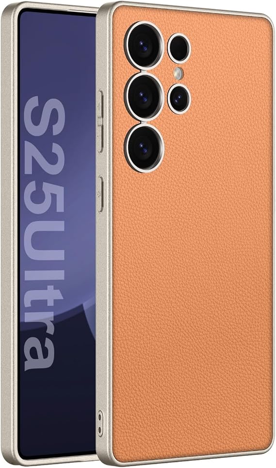 Leather Case for Samsung Galaxy S25 Ultra/S25 Plus/S25, Slim Thin Full Lens Protection Cover Shockproof TPU Soft Edge Shell,Orange,S25plus