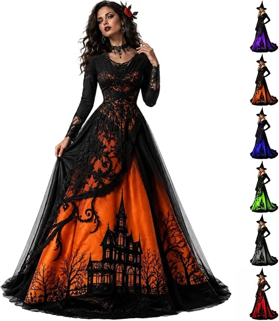 Witch Dress for Women,Halloween Vampire Costumes Treehouse Thorns Witches Gothic Maxi Mesh Dresses