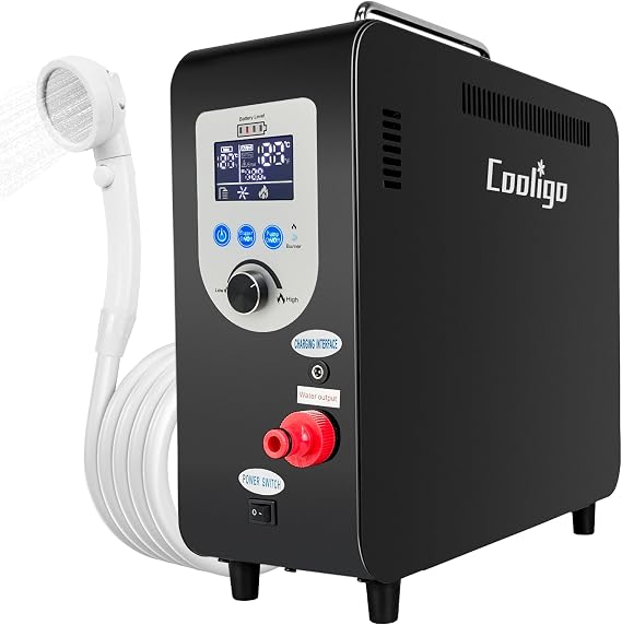 Portable Propane Water Heater for Camping Shower, 40,900 BTU 4500mAh Rechargeable Battery, Tankless Water shower for Outdoor Shower with Pump, Table Top Camp Water Heater for Camping and Vacationing