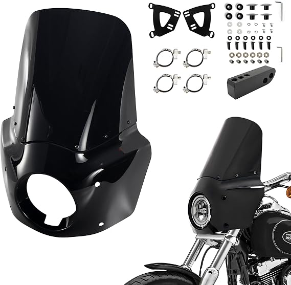 Motorcycle Fairing Windshield Kit, 5.75" Headlight Fairings 48-58mm Forks 15" Dark Gray Windscreen with Extension for Harley 2006-2017 Dyna Low Rider FXDL Super Glide Street Bob FXDB
