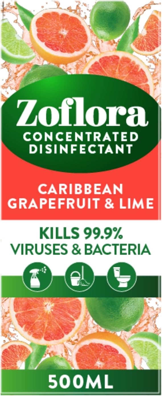 Zoflora Carribean & Grapefruit Concentrated Multipurpose Disinfectant Liquid, Antibacterial & Multi-Surface, Pet Safe, Kills 99.9% of Bacteria & Viruses, 1 X 500 ml